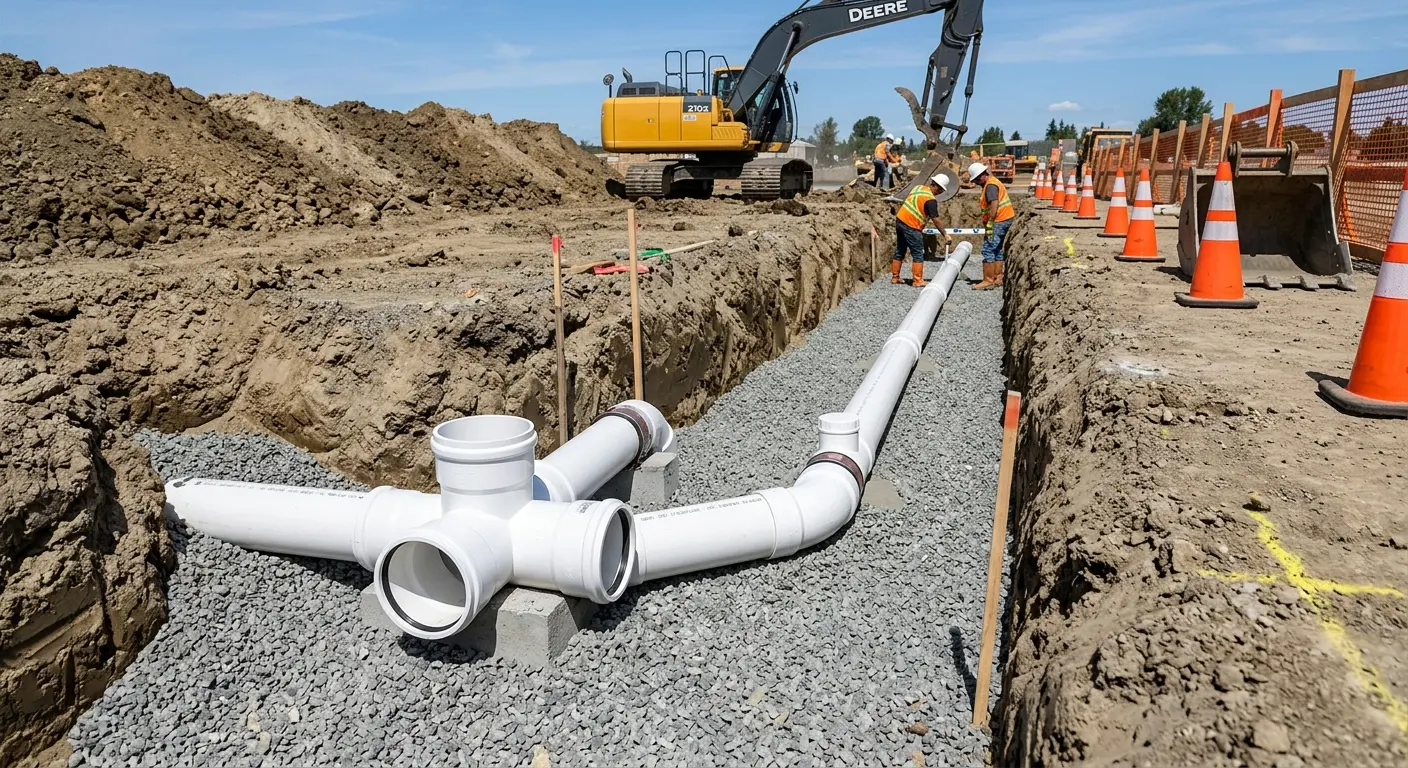 New PVC sewer pipe installation in open trench for Commercial Drain Cleaning in Taylor