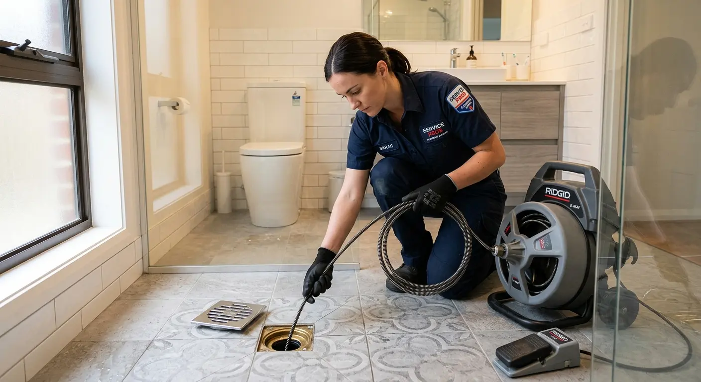Technician clearing a bathroom floor drain for Hydro Jetting in Taylor
